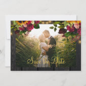 Rustieke zonnebloem en rozen houten bruiloft save the date (Voorkant)