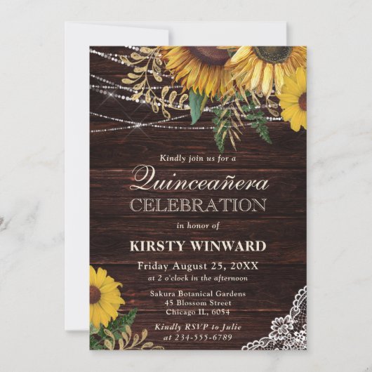 Rustieke Zonnebloem en Slingerlichten Quinceanera Kaart (Voorkant)