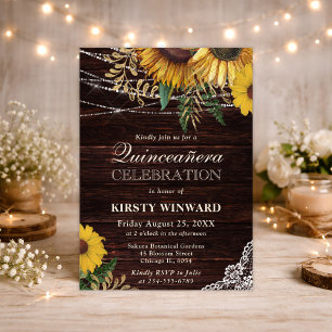 Rustieke Zonnebloem en Snoer Lichtjes Quinceanera Kaart