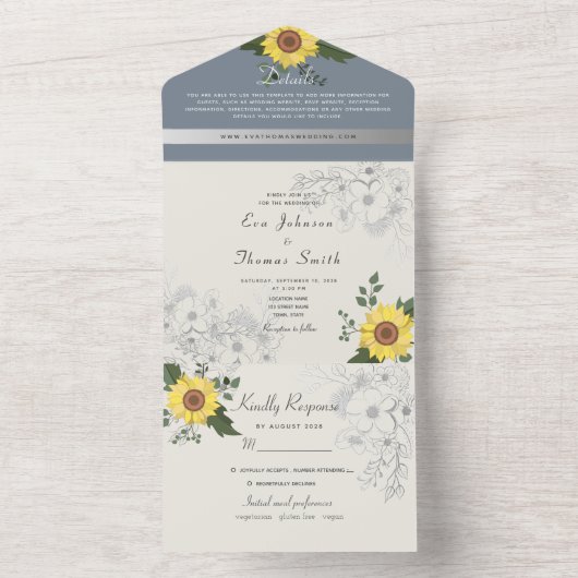 Rustieke zonnebloem en stoffige blauwe bruiloft all in one uitnodiging (Binnen)