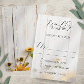 Rustieke Zonnebloem en Witte Schuur Houten Bruilof RSVP Kaartje