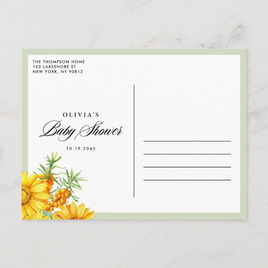 Rustieke Zonnebloem en Zee Buckthorn Baby shower Uitnodiging Briefkaart (Achterkant)