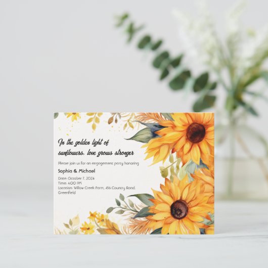 Rustieke Zonnebloem Engagement Party Uitnodiging Briefkaart (Staand voorkant)