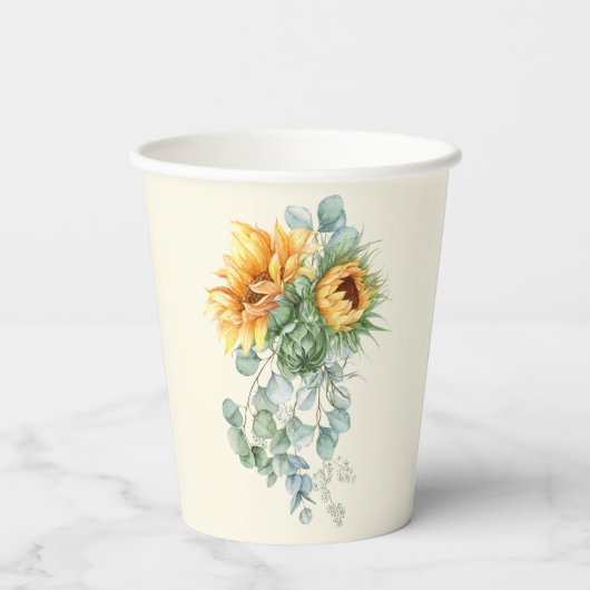 Rustieke Zonnebloem Eucalyptus Groene Bruidsdouche Papieren Bekers (Achterkant)