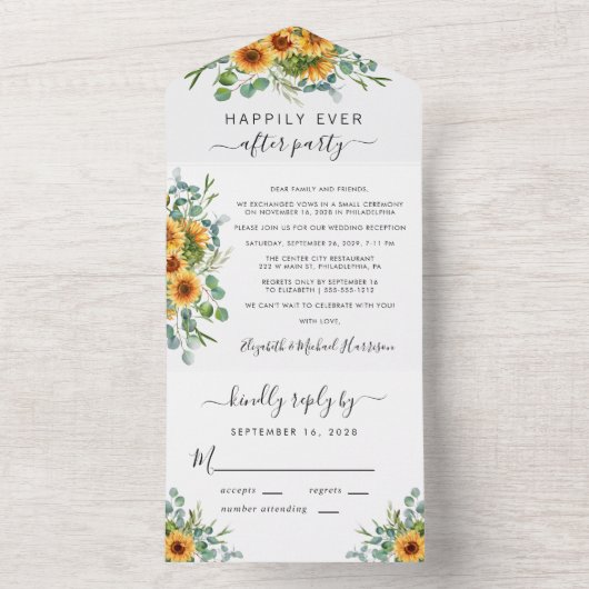 Rustieke Zonnebloem Eucalyptus Huwelijksreceptie All In One Uitnodiging (Binnen)