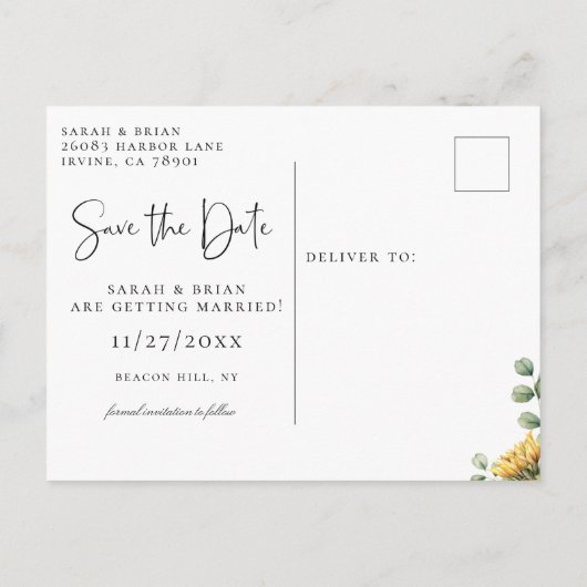 Rustieke Zonnebloem Eucalyptus Save the Date Aankondigingskaart (Achterkant)