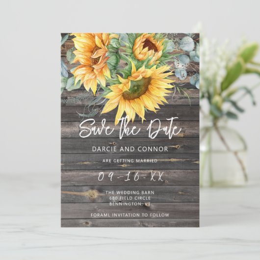 Rustieke zonnebloem Eucalyptus Waterverf Save The Date (Staand voorkant)