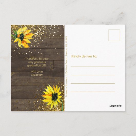 Rustieke Zonnebloem Foto Afstuderen Dank u Briefkaart (Achterkant)