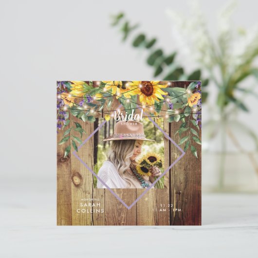 Rustieke Zonnebloem Foto Bruidsmeisjesfeest Hout Kaart (Staand voorkant)