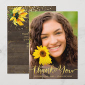 Rustieke Zonnebloem Foto Gold Script Afstuderen Bedankkaart (Voorkant / Achterkant)
