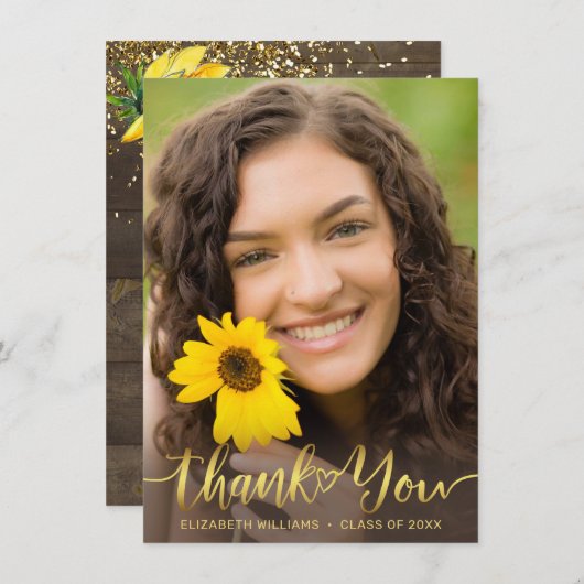 Rustieke Zonnebloem Foto Gold Script Afstuderen Bedankkaart (Voorkant / Achterkant)