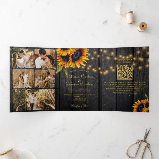 Rustieke zonnebloem fotocollage QR RSVP bruiloft Drieluik Uitnodiging (Binnen)