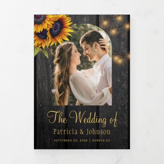 Rustieke zonnebloem fotocollage QR RSVP bruiloft Drieluik Uitnodiging (Cover)