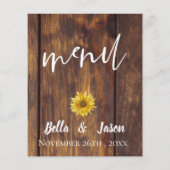 Rustieke Zonnebloem Geel Hout Fall Wedding Menu (Achterkant)