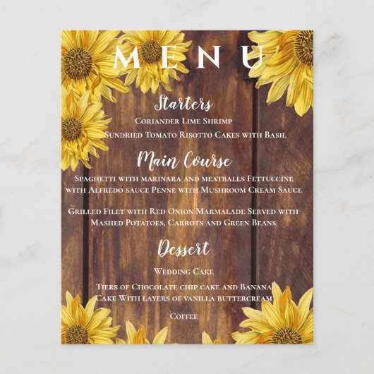 Rustieke Zonnebloem Geel Hout Fall Wedding Menu (Voorkant)
