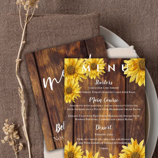Rustieke Zonnebloem Geel Hout Fall Wedding Menu