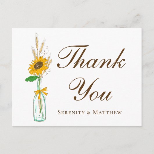 Rustieke Zonnebloem Gele Bloemen Bruiloft Dank u Briefkaart (Voorkant)
