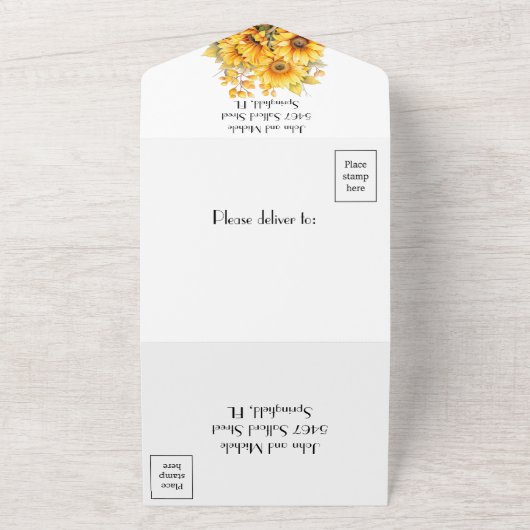 Rustieke zonnebloem, gele bruiloft all in one uitnodiging (Buitenkant)