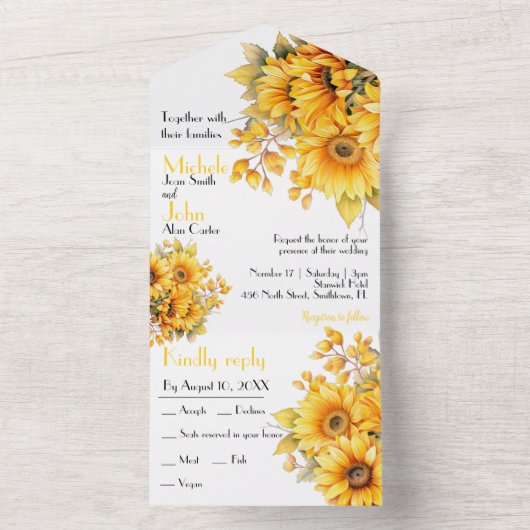 Rustieke zonnebloem, gele bruiloft all in one uitnodiging (Binnen)