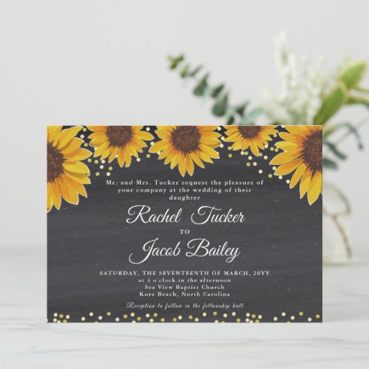 Rustieke Zonnebloem Goud & Krijt Huwelijksuitnodig Kaart (Staand voorkant)