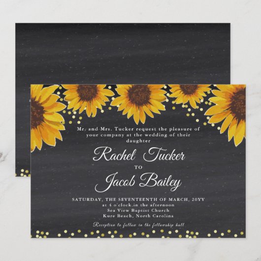 Rustieke Zonnebloem Goud & Krijt Huwelijksuitnodig Kaart (Voorkant / Achterkant)