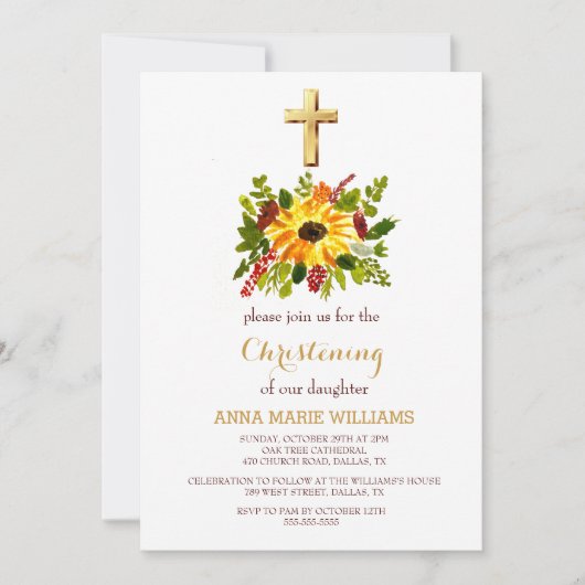 Rustieke Zonnebloem groen gouden kruis doop Kaart (Voorkant)