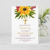 Rustieke Zonnebloem groen gouden kruis doop Kaart (Staand voorkant)