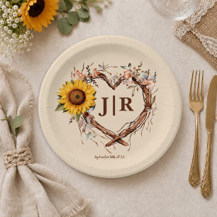 Rustieke Zonnebloem Hart Monogram Bruiloft Papieren Bordje