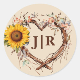 Rustieke Zonnebloem Hart Monogram Bruiloft Ronde Sticker