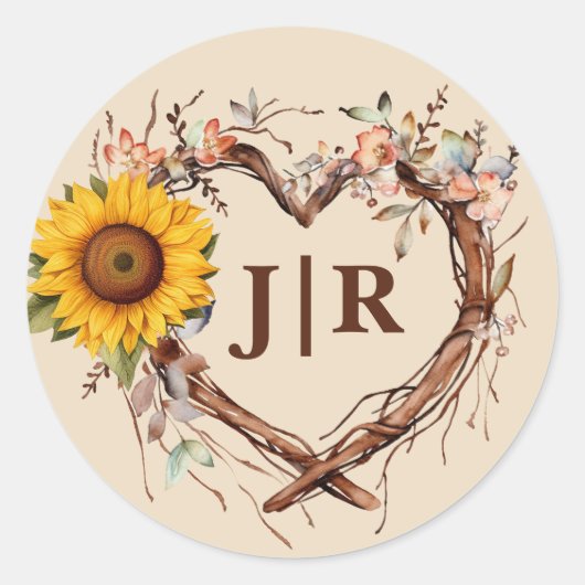 Rustieke Zonnebloem Hart Monogram Bruiloft Ronde Sticker (Voorkant)