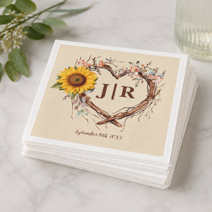 Rustieke Zonnebloem Hart Monogram Bruiloft Servet