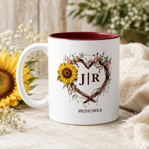 Rustieke Zonnebloem Hart Monogram Huwelijk Tweekleurige Koffiemok