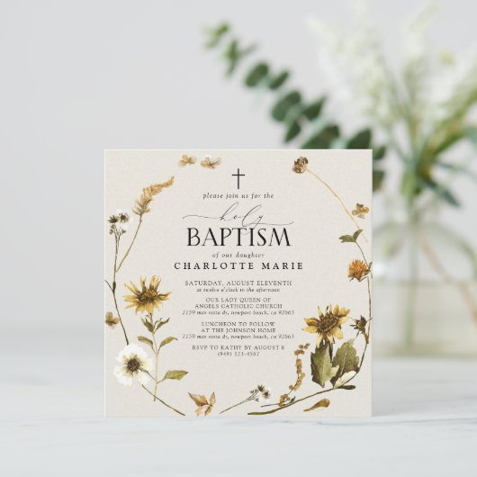 Rustieke Zonnebloem Heilige Doop Modern Script Cro Kaart (Staand voorkant)