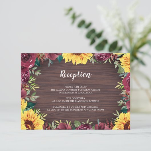 Rustieke Zonnebloem Hout Bloemen Bruiloft Receptie Informatiekaartje (Staand voorkant)