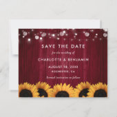 Rustieke Zonnebloem Hout Bourgogne Bruiloft Foto Save The Date (Achterkant)
