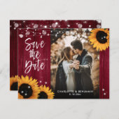 Rustieke Zonnebloem Hout Bourgogne Bruiloft Foto Save The Date (Voorkant / Achterkant)
