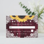 Rustieke Zonnebloem Hout Bourgogne Bruiloft RSVP Kaartje (Staand voorkant)