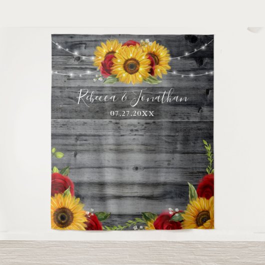 Rustieke Zonnebloem Hout Bruiloft Achtergrond Tape Wandkleed (Voorkant)