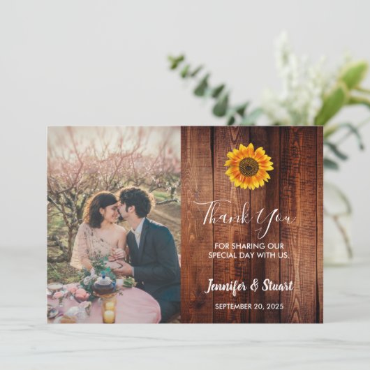 Rustieke zonnebloem hout foto bruiloft dank u kaar (Staand voorkant)