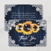 Rustieke Zonnebloem Hout Kant Marine Blauw Bruilof Bedankkaart (Voorkant / Achterkant)