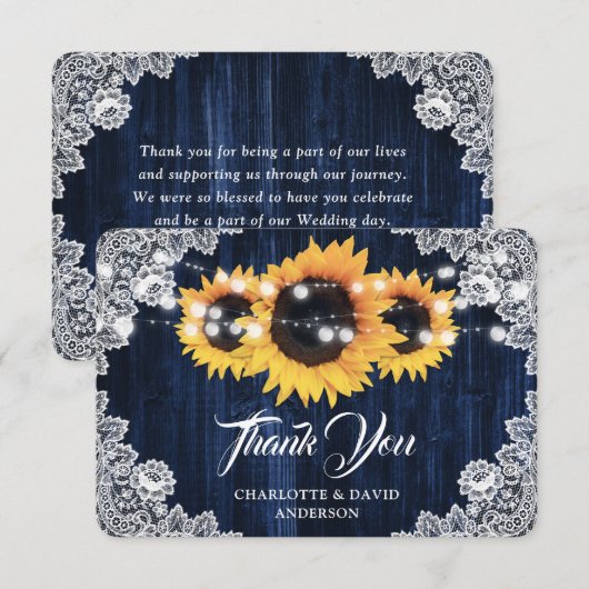 Rustieke Zonnebloem Hout Kant Marine Blauw Bruilof Bedankkaart (Voorkant / Achterkant)