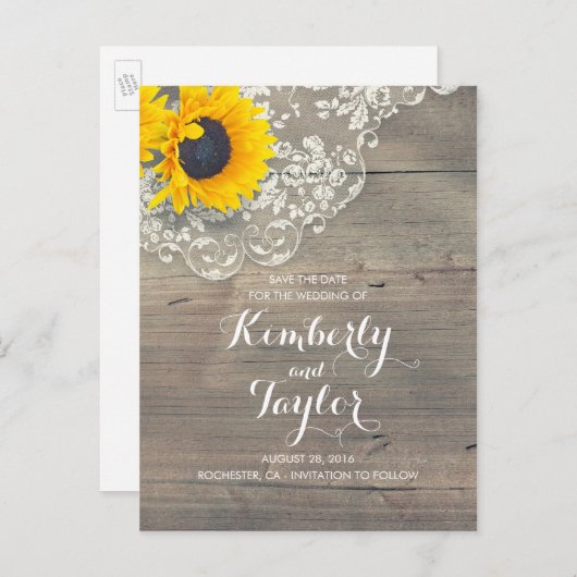 Rustieke Zonnebloem Hout Kant Save The Date Aankondigingskaart (Voorkant / Achterkant)