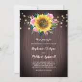 Rustieke Zonnebloem Hout Lichten Roze Bloemen Huwe Kaart (Voorkant)