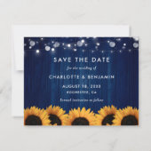 Rustieke Zonnebloem Hout Marine Blauw Bruiloft Fot Save The Date (Achterkant)