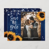 Rustieke Zonnebloem Hout Marine Blauw Bruiloft Fot Save The Date (Voorkant / Achterkant)