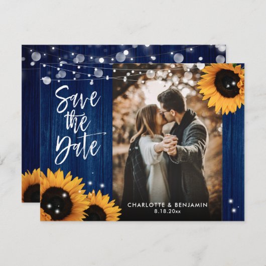 Rustieke Zonnebloem Hout Marine Blauw Bruiloft Fot Save The Date (Voorkant / Achterkant)