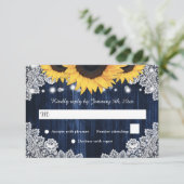 Rustieke Zonnebloem Hout Marine Blauw Bruiloft RSVP Kaartje (Staand voorkant)