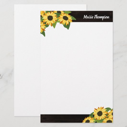 Rustieke zonnebloem & hout met Jouw naam Briefpapier (Voorkant / Achterkant)