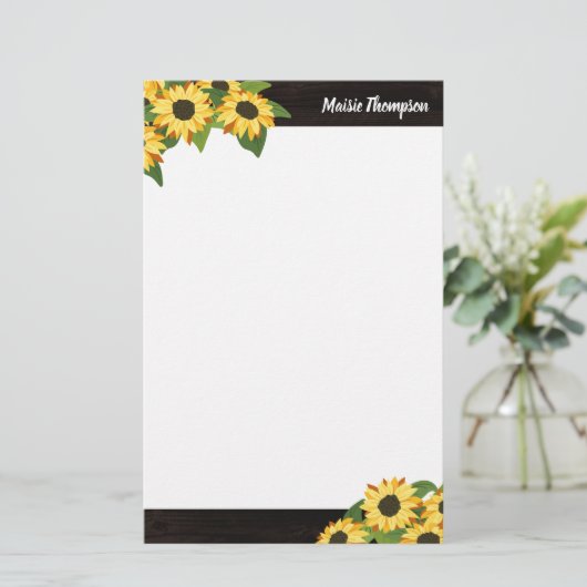 Rustieke zonnebloem & hout met Jouw naam Briefpapier (Staand voorkant)