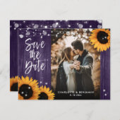 Rustieke zonnebloem hout Paarse bruiloft foto Save The Date (Voorkant / Achterkant)